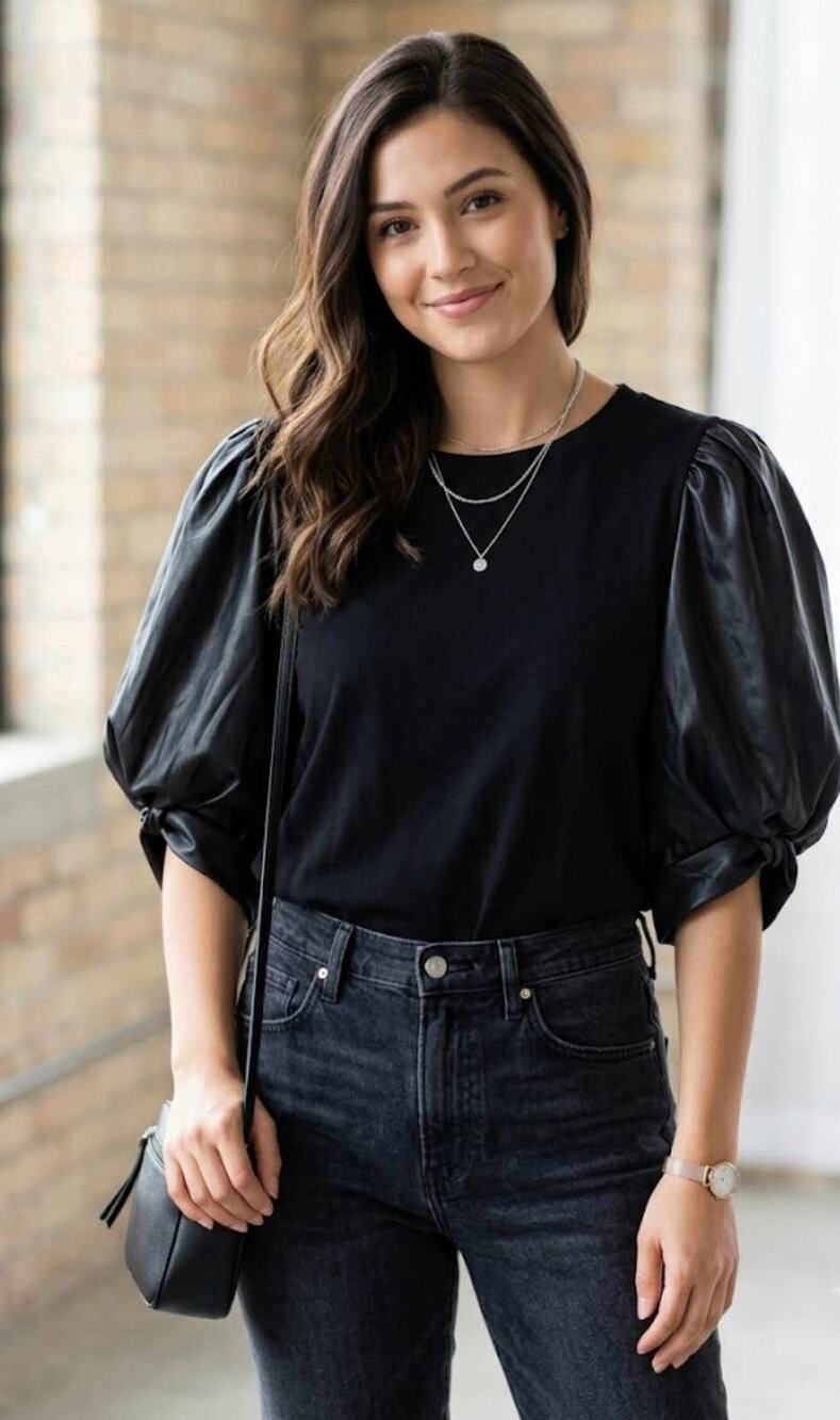 DKNY Black T-Shirt Blouse Faux Leather Puff Sleeve Top Size Large L New